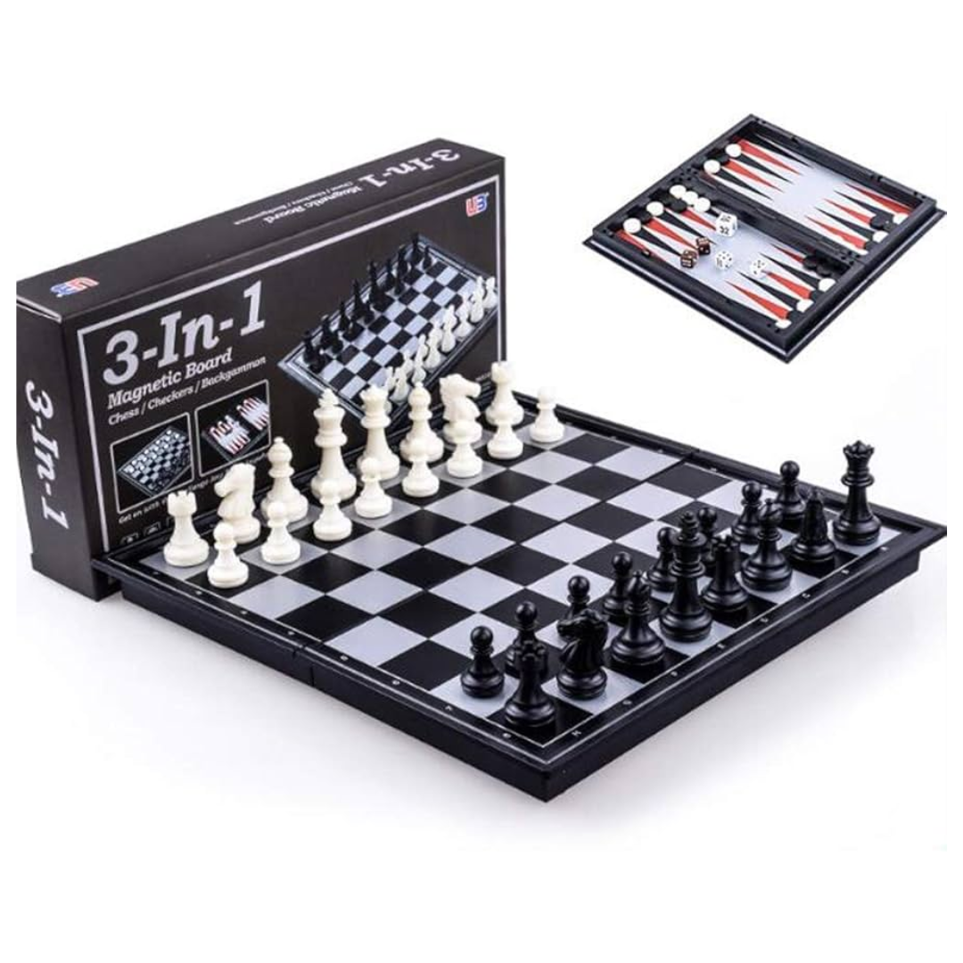 3-in-1 Magnetic and Folding Chess Checkers Backgammon