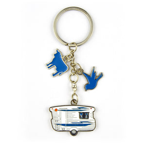Personalized Blue Camper Van Key Ring in White and Black Imitation