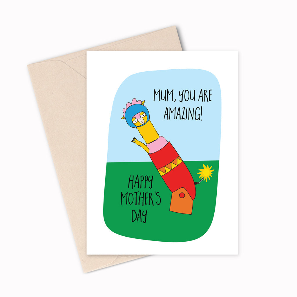 Mother's Day Card - Mum you are amazing! Llama being fired from cannon.