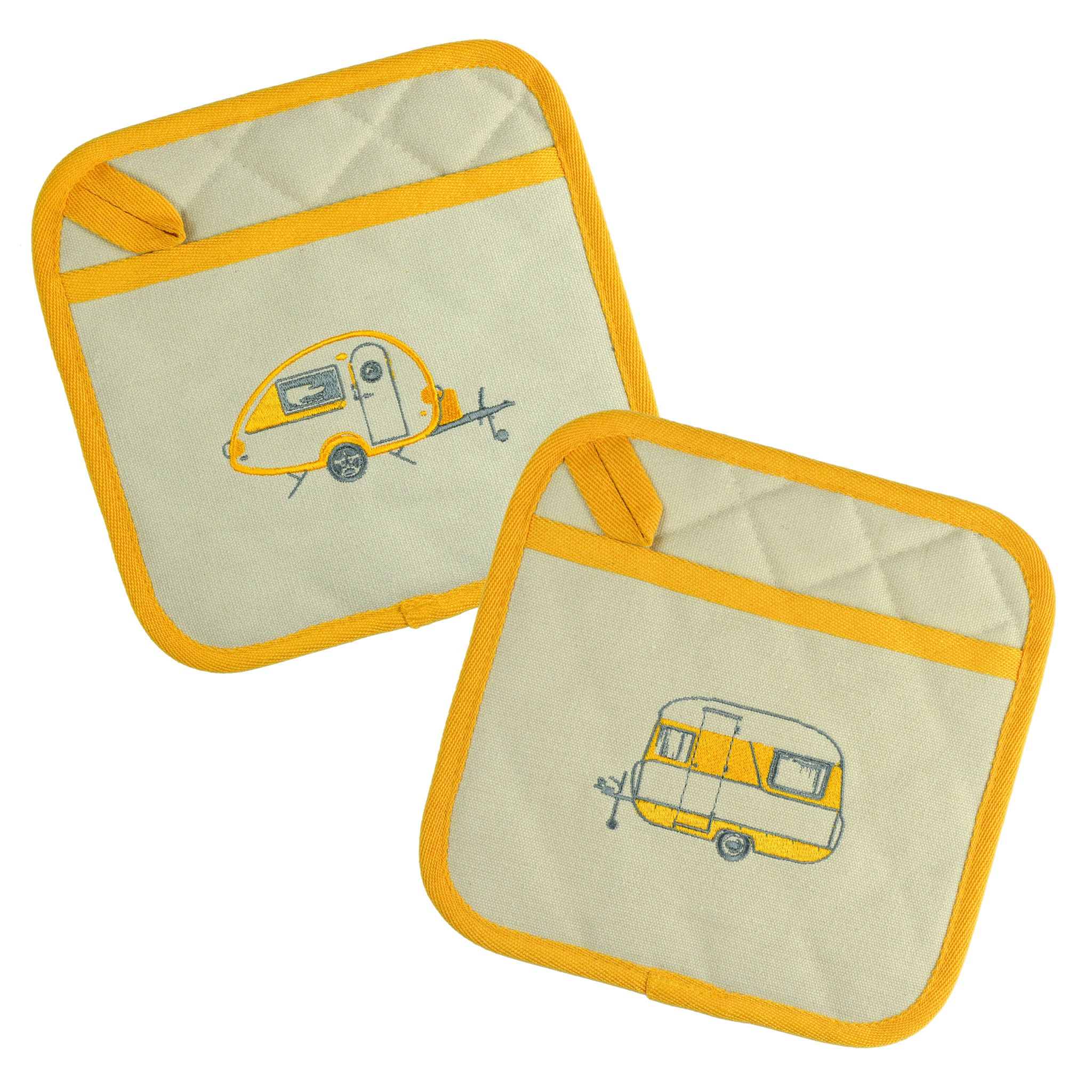 Van Go Embroidered Pot Holders | Various Caravan Themed Designs & Colours